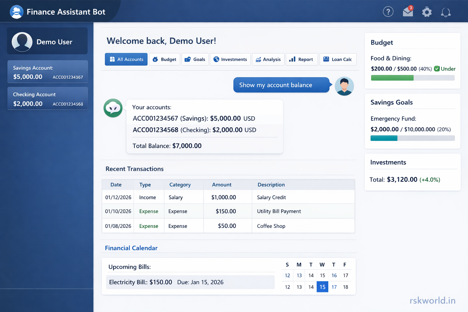 Finance Assistant Bot - rskworld.in
