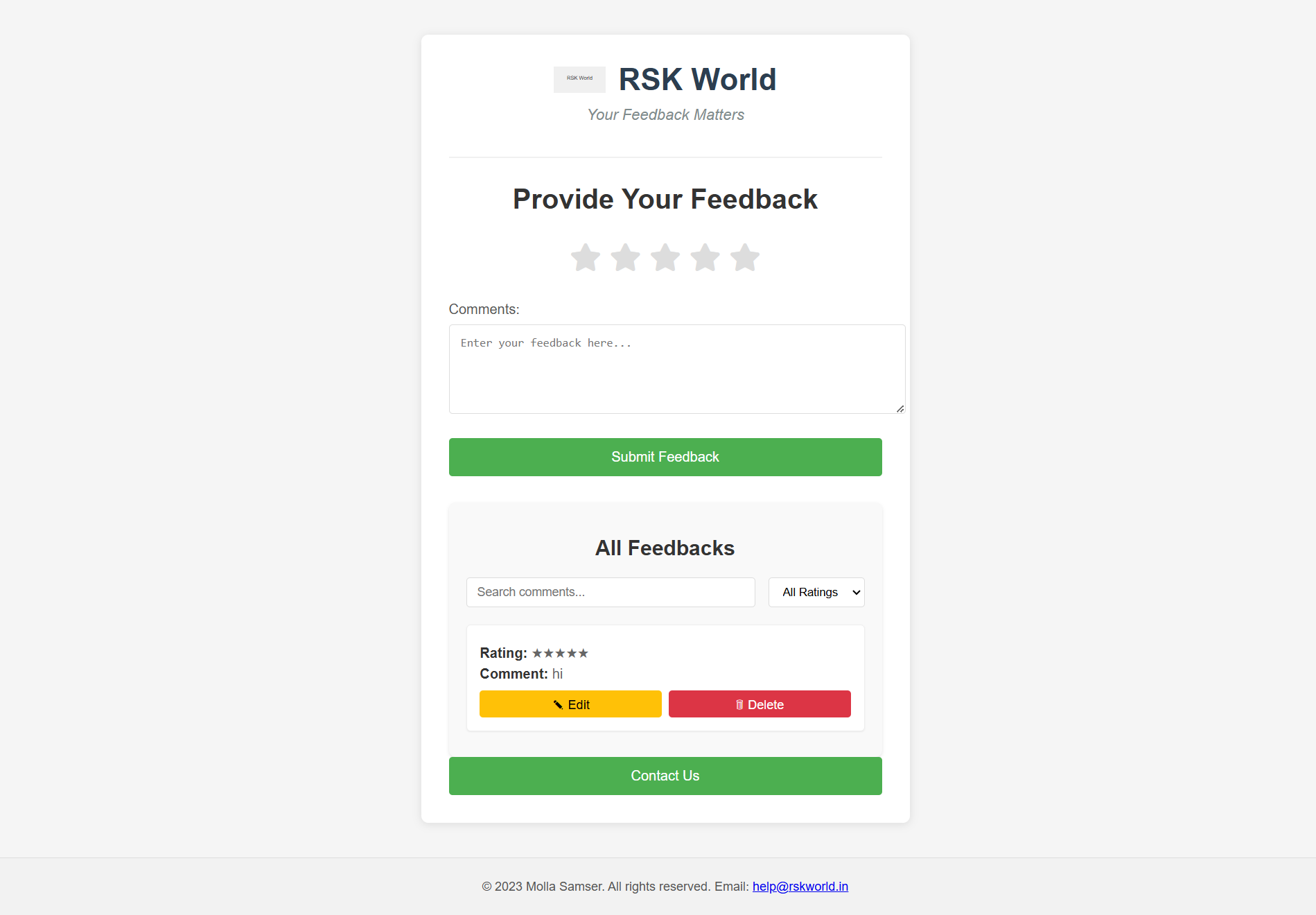 Feedback Form with Star Rating