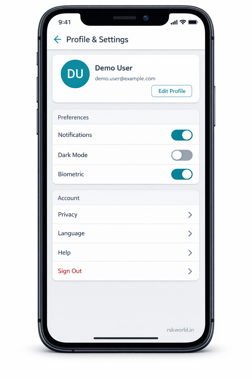 Flutter Profile & Settings UI - rskworld.in