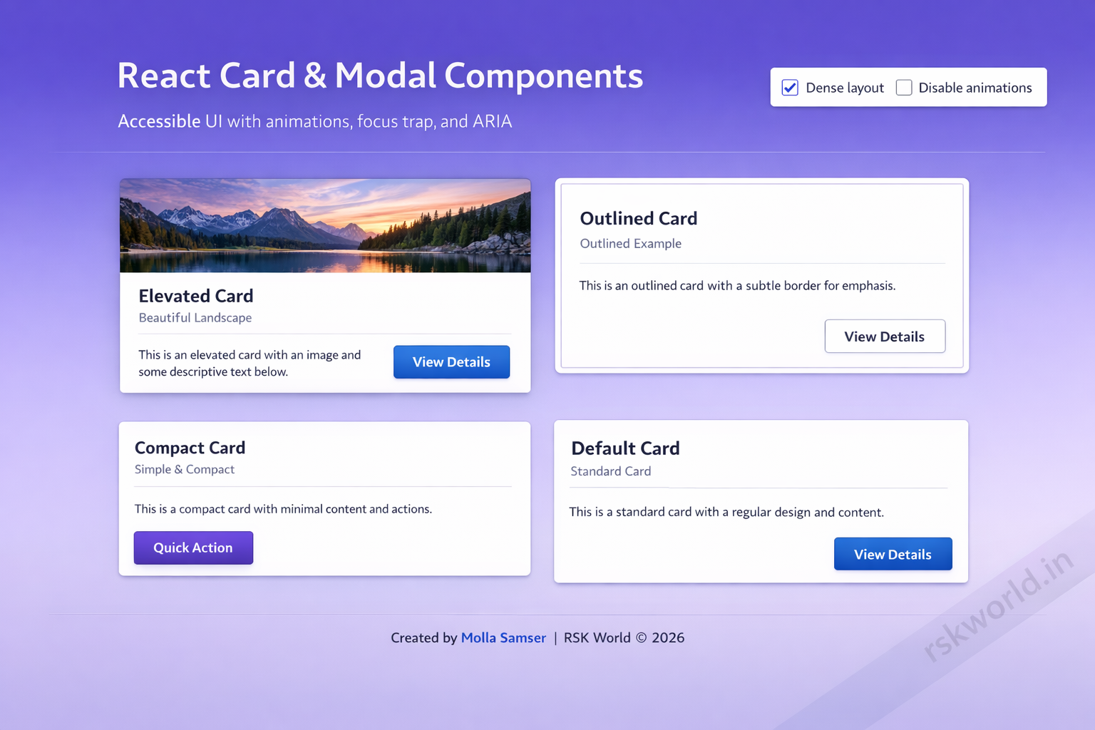 React Card & Modal Components - rskworld.in