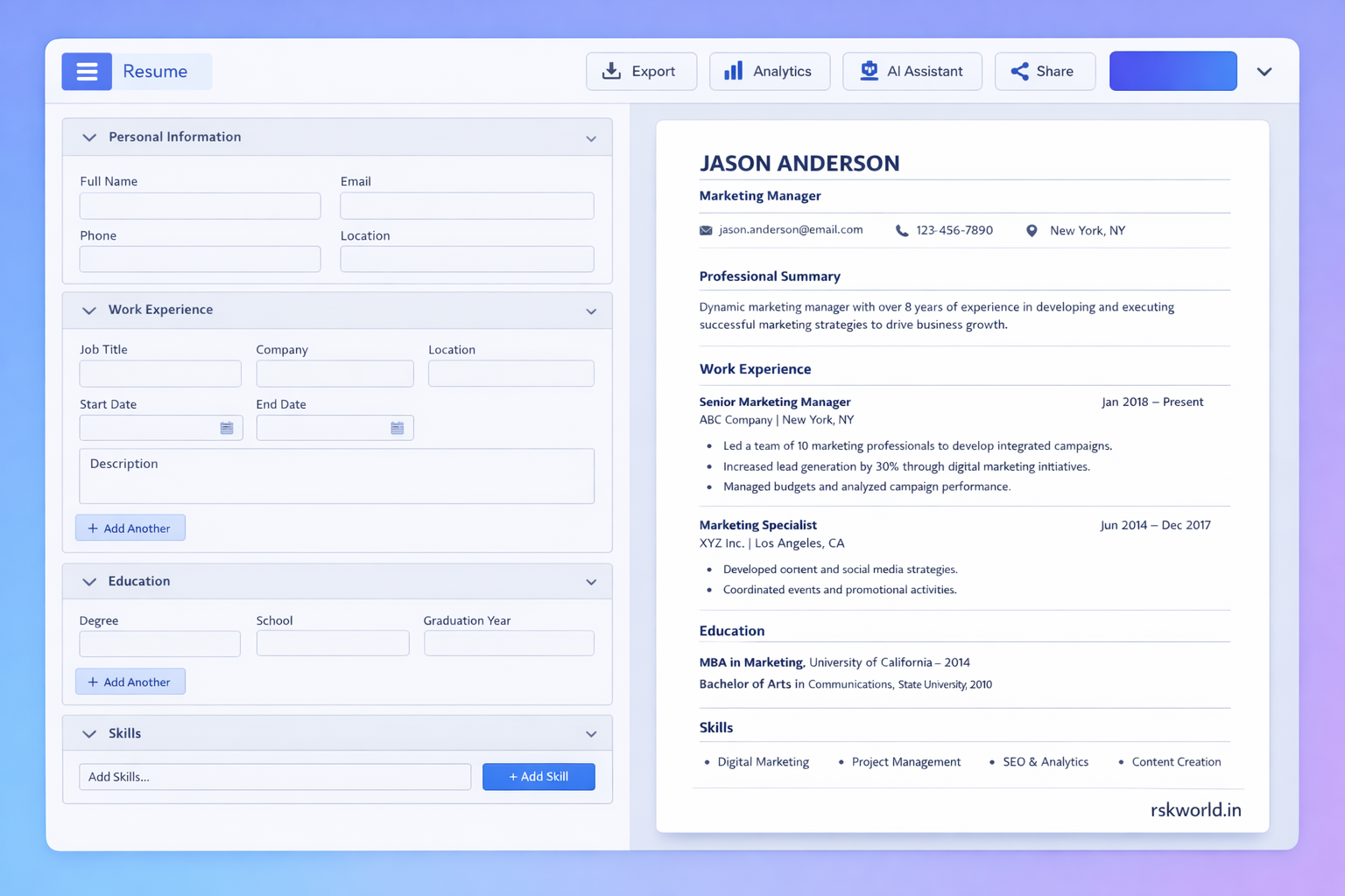 Resume Builder - rskworld.in